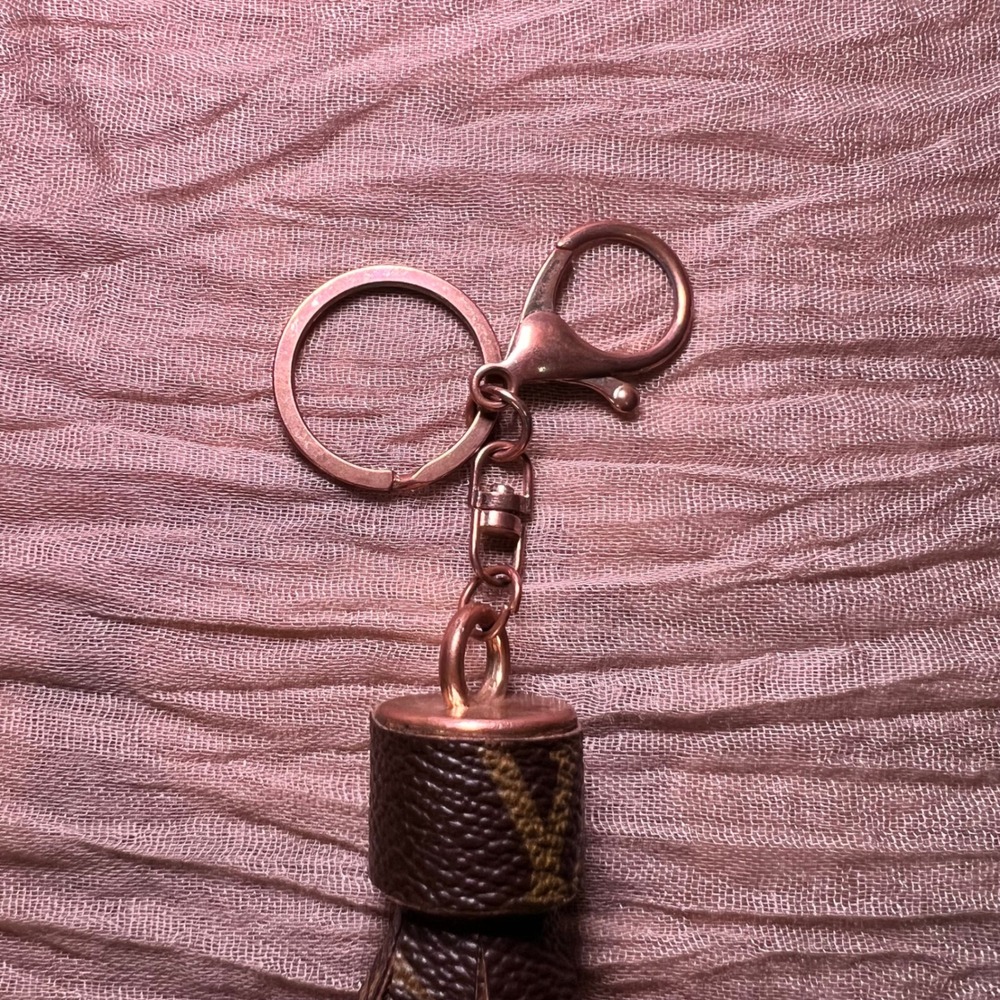 Upcycled Brown Pink Tassel Keychain Bag Charm - Picture 3 of 5